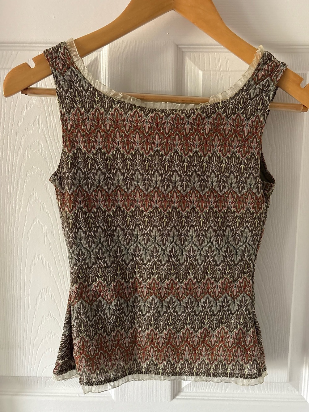 VTG Y2K Outlooks Tapestry Corset Top Mesh Ruffle Hook & Eye Earth Tone Bodice S - Picture 2 of 4